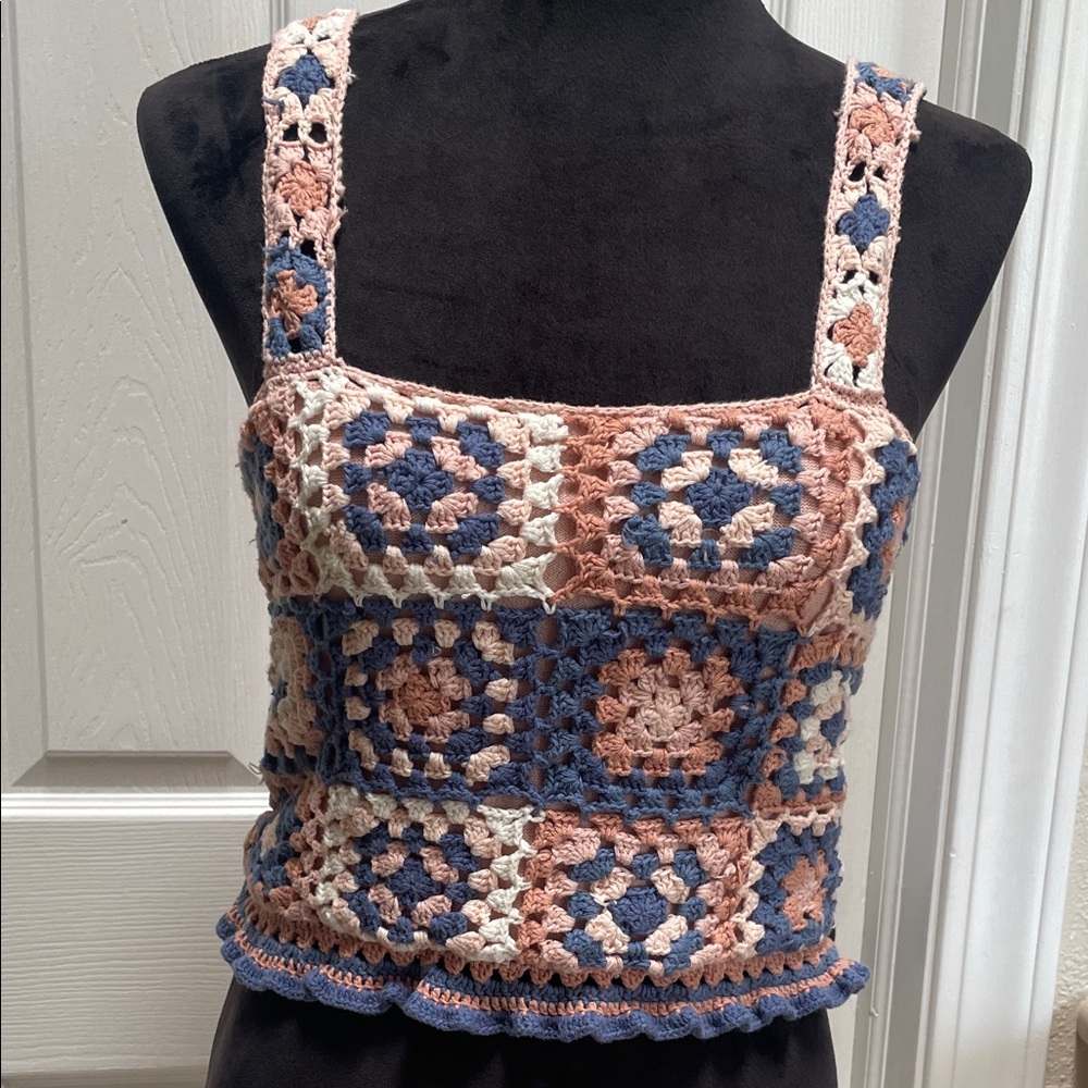American Eagle Outfitters Crochet Patchwork Tank Top - Blue, Pink, Cream